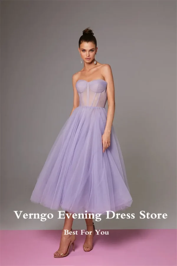 Lavender Prom Dresses Sweetheart Boning Corset Tea-Length Formal Gown - Image 2
